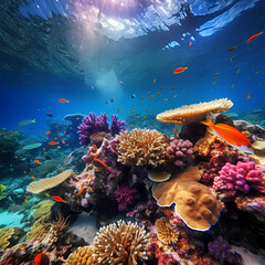 Vibrant underwater coral reef with diverse marine life