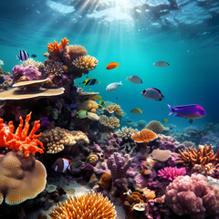 Naklejka na ściany i meble Vibrant underwater coral reef with diverse marine life