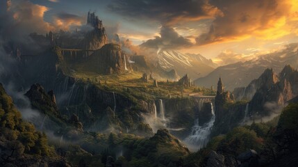 Fantasy landscape with a waterfall and mountains in the background at sunset