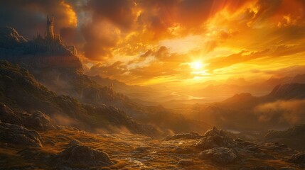 Fantasy landscape with castle and mountain at sunset. 3d illustrations - obrazy, fototapety, plakaty