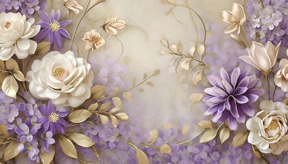 decorative floral backdrop in purple and beige colors flowers background for wedding photo album beautiful mural  - obrazy, fototapety, plakaty