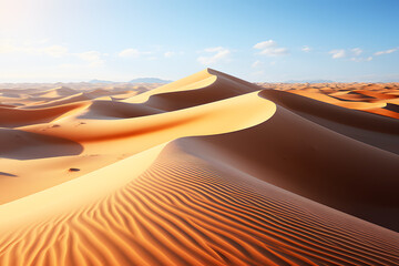 Fototapeta na wymiar Desert hill under blue sky. orange sand texture in Empty Quarter Desert Sand dunes. Abstract sand texture background. Realistic clipart template pattern.