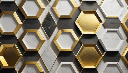 geometric abstraction of hexagons on a black and white relief background with gold elements mural for interior painting wall painting