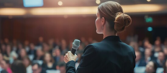 Seriously a woman speaker in Learning Training Business conference in hall room. Generated AI