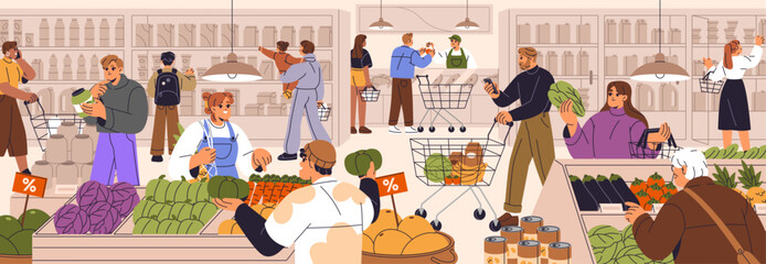People buy food in supermarket panorama. Consumers choose products on grocery shelves in market. Customers push cart in shop. Characters make purchases in retail store. Flat vector illustration