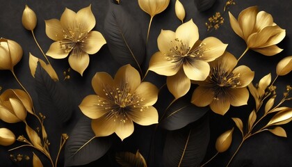 beautiful golden flowers with black leaves isolated on a dark black background creative mystery concept elegant love and passion floral idea 3d illustration