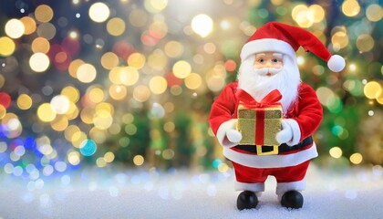 Fototapeta na wymiar cute toy santa claus holding a gift box standing in front of the merry christmas lighting background with lighting decoration blur background