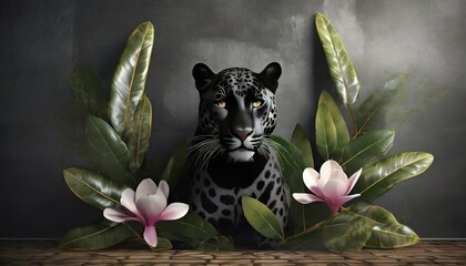 3d panther in tropical leaves with magnolia on the background of a dark wall in the loft style