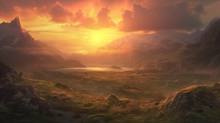 Fantasy landscape with mountains at sunset. 3d illustration