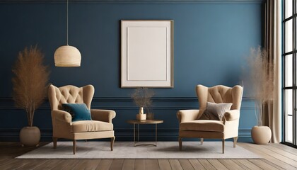 mock up poster in a classic pastel interior with armchairs against the background of a dark blue wall 3d rendering