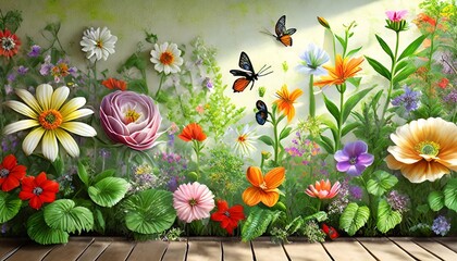 the mural on the wall flowers and plants with insects