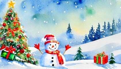 watercolor merry christmas illustration with snowman christmas tree santa holiday invitation christmas gift celebration cards winter new year design
