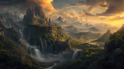 Fotobehang Fantasy landscape with a waterfall and mountains in the background at sunset © MrHamster