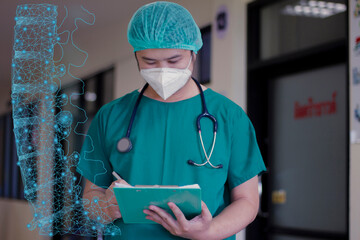 Doctor shows a patient's spinal anatomy, checks the test result on the virtual interface and analyzes the data. Skeleton disease, medicine of the future.