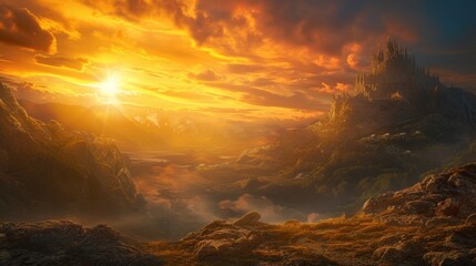 Fantasy landscape with castle and mountain at sunset. 3d illustrations