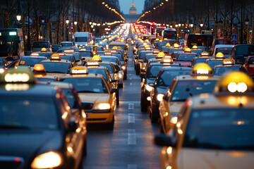 Fototapeta na wymiar Golden Hour Gridlock: Taxi Drivers Unite in Protest in European Cities