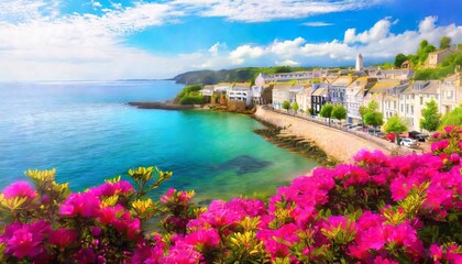Fototapeta na wymiar seafront landscape with azalea flowers french reviera view of stunning picturesque coastal town