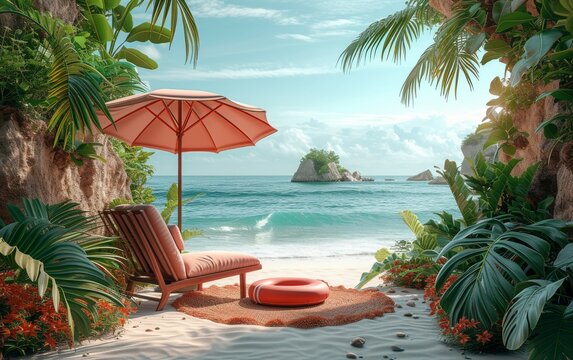 Sun loungers and a beach umbrella on a deserted beach, perfect vacation concept.