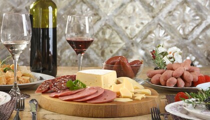 close up of a cheese and sausage charcuterie spread on a festive dinner table for a copy space