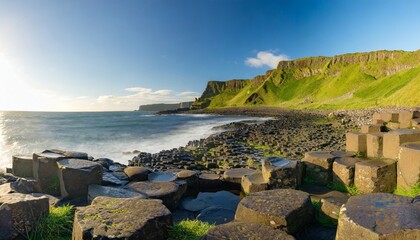 the giant s causeway at dawn on a sunny day with the famous basalt columns the result of an ancient volcanic eruption county antrim on the north coast of northern ireland uk - obrazy, fototapety, plakaty