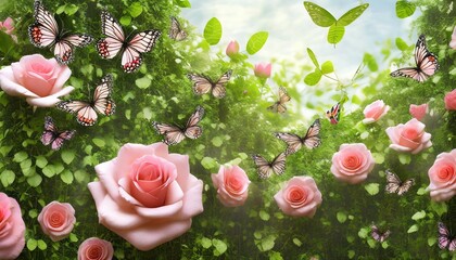 3d pink roses with butterflies on a living wall of greenery