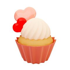 Single cupcake with a whipped white cream and candy hearts. Cupcake for Valentine's Day, heart cookies, 3d render illustration.