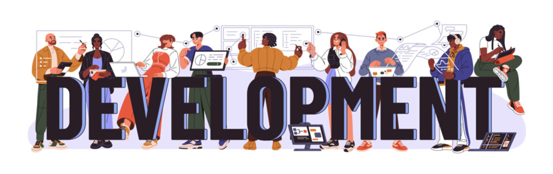 Programming development inscription, word. People coding, analyse, communicate. Professional coder team works together with business web project. Flat isolated vector illustration on white background