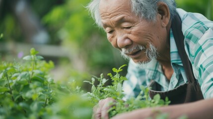 A horizontal closeup depicts a senior man actively picking herbs from a garden.
