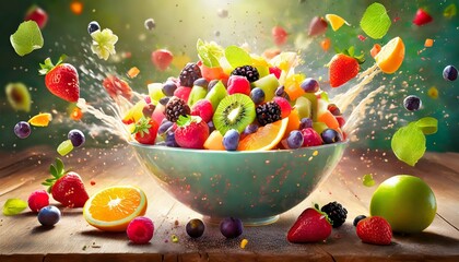 Obraz na płótnie Canvas colorful fruit salad exploding in a bowl