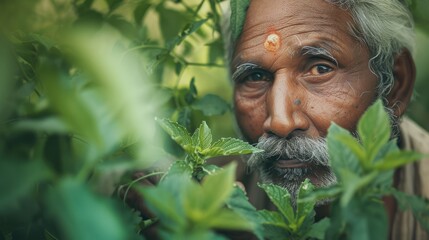 Senior man, hands busy with herb harvesting, featured in a horizontal portrait.