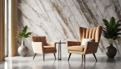 interior with armchair and a table on a background of a marble wall 3d render 3d illustration