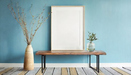 wood side table vase with twigs near big empty frame mock up poster with copy space against blue wall scandinavian home interior design of modern living room