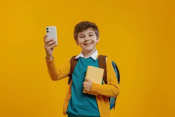 happy boy in uniform taking a selfie - obrazy, fototapety, plakaty
