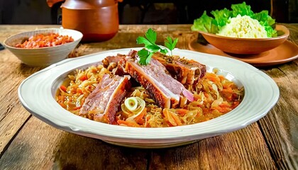 polish bigos with pork ribs close up on the table