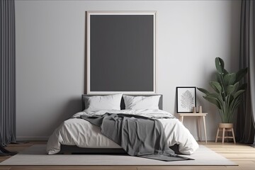 A white bed, a bedside table with a light, a panoramic window with dark blue drapes, and a gray bedroom décor with a hardwood floor. Above the bed was a framed poster. a mockup
