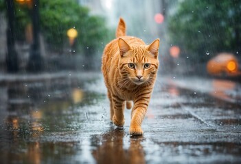 cat on the street with rain