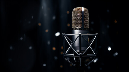 Silver microphone on a dark black background, musical sound equipment