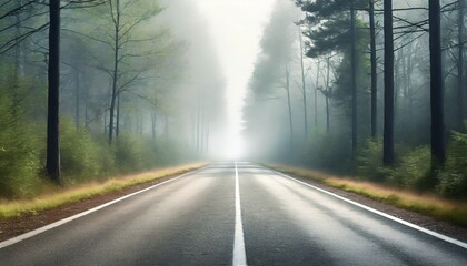 empty forest road on a foggy morning with copy space
