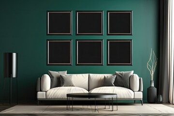 On a green wall, a set of five black frames—three horizontal and two vertical—hangs. Mock up and template for painting, drawing, photography, and design. interior, gallery, exhibition, and museum
