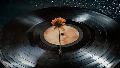 dry flower on vinyl record music closeup background rainy night sad mood old music image nostalgia...