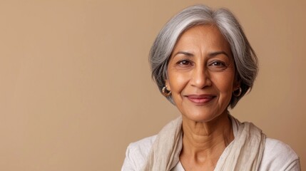 In a studio with soft light, an elderly Indian lady exudes beauty through her stylish grey hair and radiant smile.