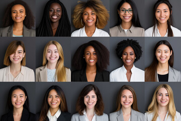 Set of 15 profile picture various nationality businesswoman on grey background.