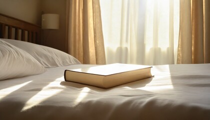 Fototapeta na wymiar a book placed on a bed with white linen illuminated by the gentle morning light filtering through the curtains