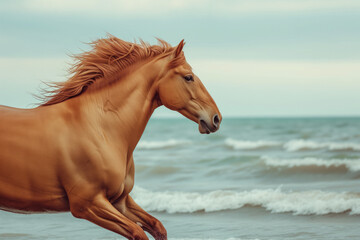 Majestic horse running on the beach, side profile