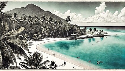 vintage illustration of french polynesia tropical - obrazy, fototapety, plakaty