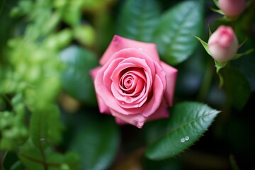 deep pink rose nestled in amidst rich greenery