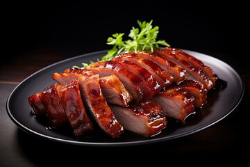 Thin slices of Char Siu, the delectably glazed Chinese barbecue pork, are meticulously arranged on an styled plate, creating a visually enticing display that captures the rich colors and succulent tex