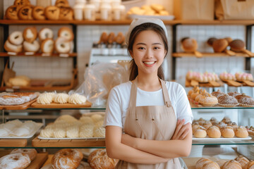Portrait of happy Asian woman in apron standing with fresh bake bread in her homemade bakery shop