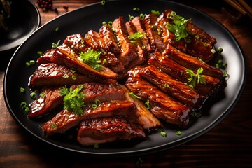 Thin slices of Char Siu, the delectably glazed Chinese barbecue pork, are meticulously arranged on an styled plate, creating a visually enticing display that captures the rich colors and succulent tex