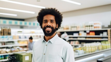 Fototapeta premium Portrait of a male cashier in a horizontal format at the supermarket.